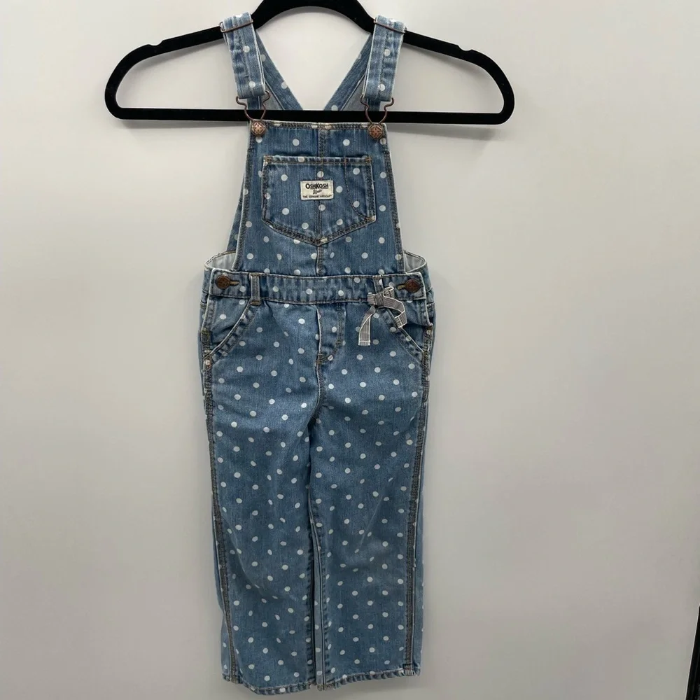 Oshkosh B’gosh Vintage polkadot Girls blue denim cottagecore cute overall 4T